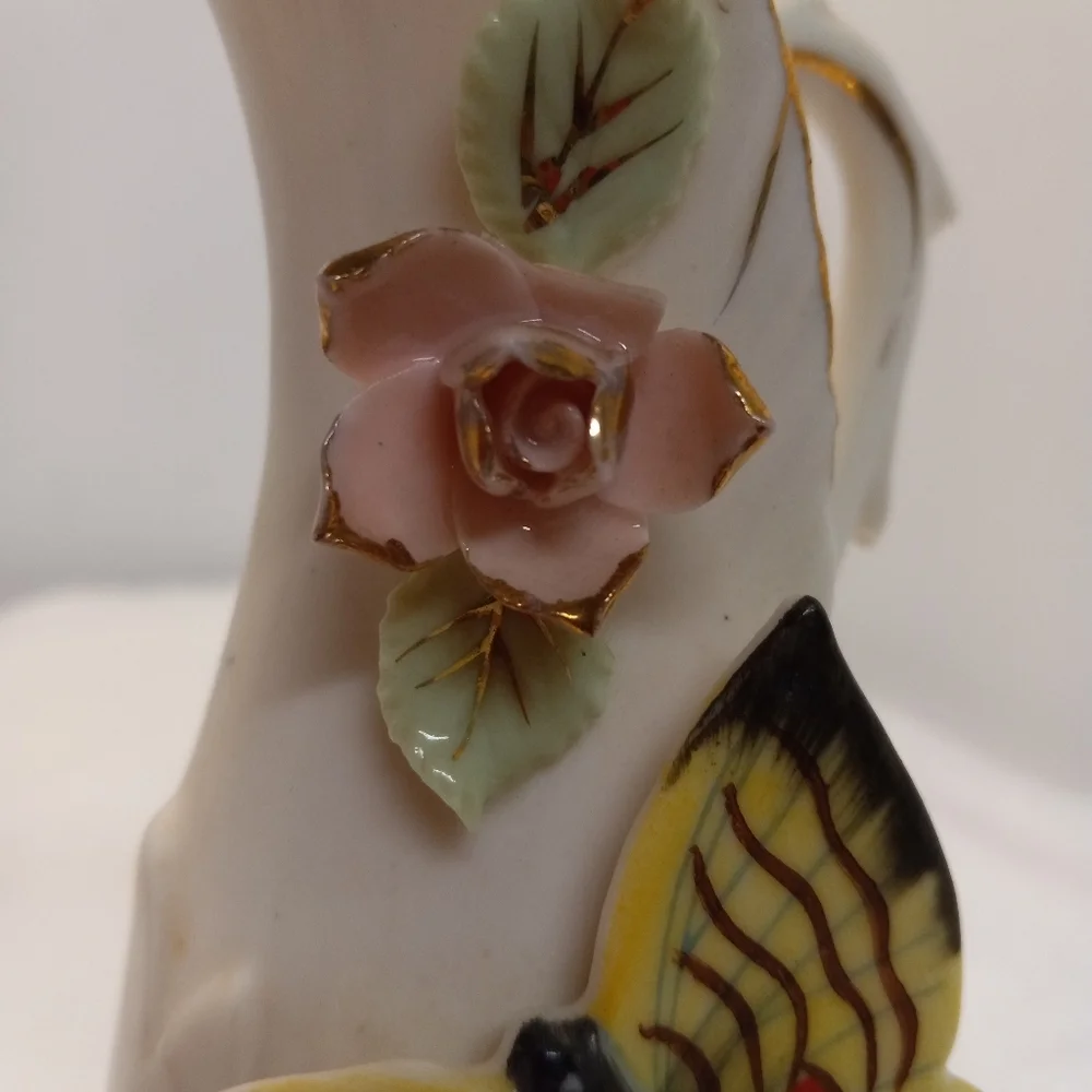 VTGE UCAGCO Ceramic Pitcher Vase w/Handle Butterfly White w/Gold Trim Japan
